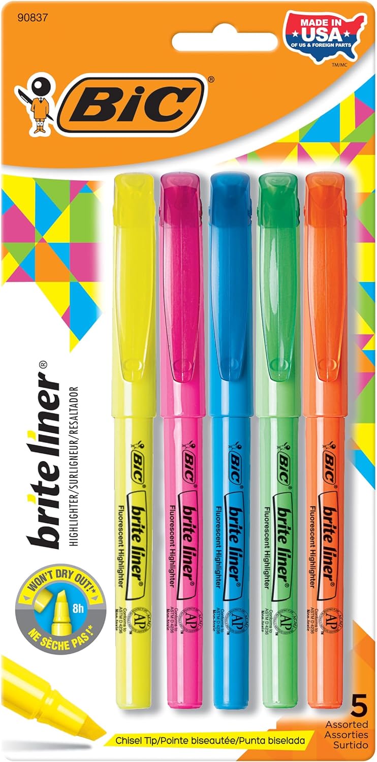 BIC BRITE LINER - RESALTADORES, PUNTA DE CINCEL, PAQUETE DE 5 RESALTADORES DE COLORES SURTIDOS, IDEAL PARA ORGANIZAR Y COLOREAR