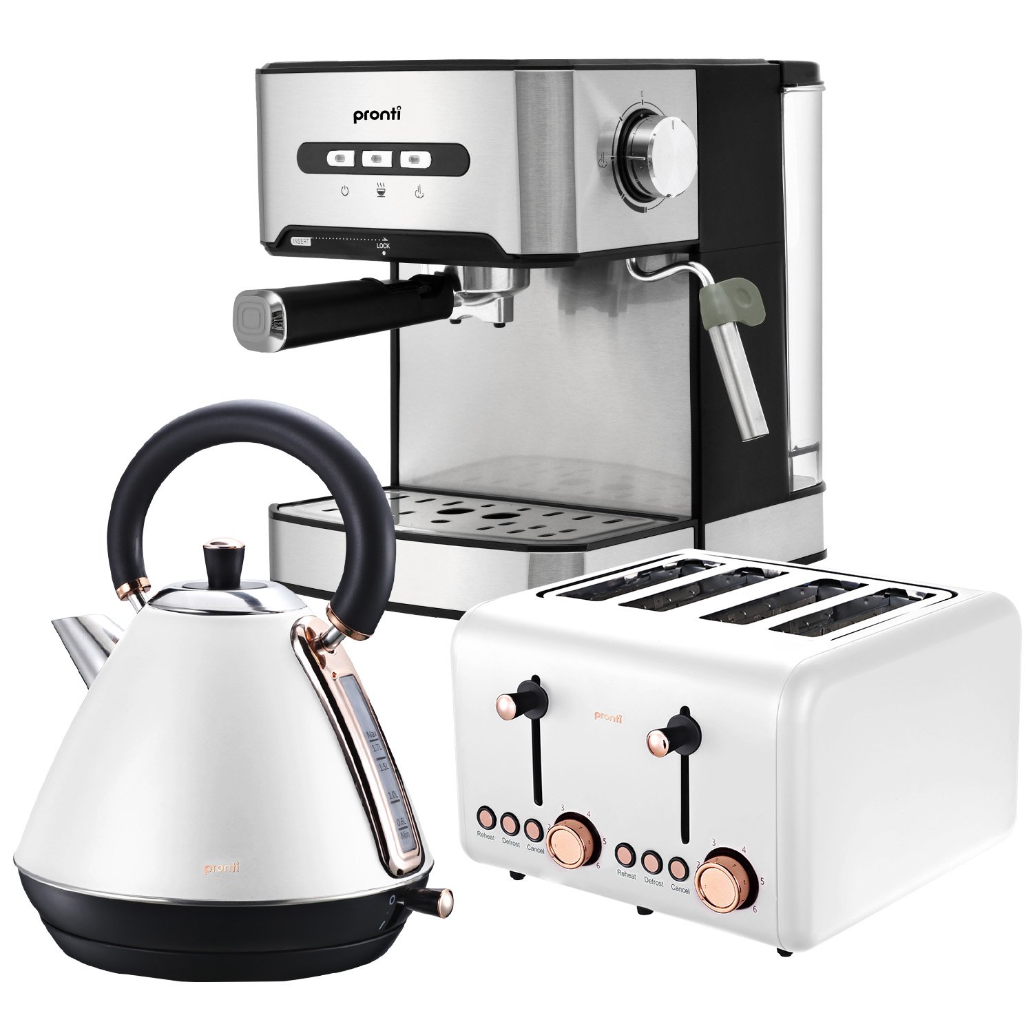 Pronti Toaster, Kettle & Coffee Machine Stainless Steel Breakfast Set (White)