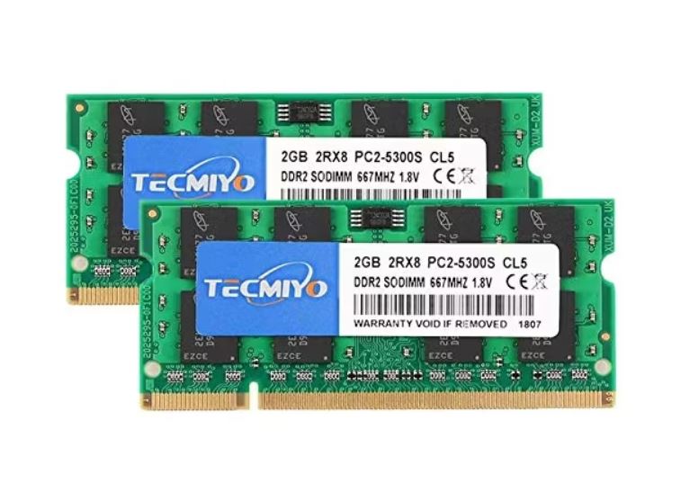 TECMIYO 4 GB KIT (2 X 2 GB) DDR2 SODIMM 667 MHZ PC2-5300 PC2-5300S NO ECC SIN BÚFER 1.8V CL5 2RX8 DUAL RANK 200 PIN