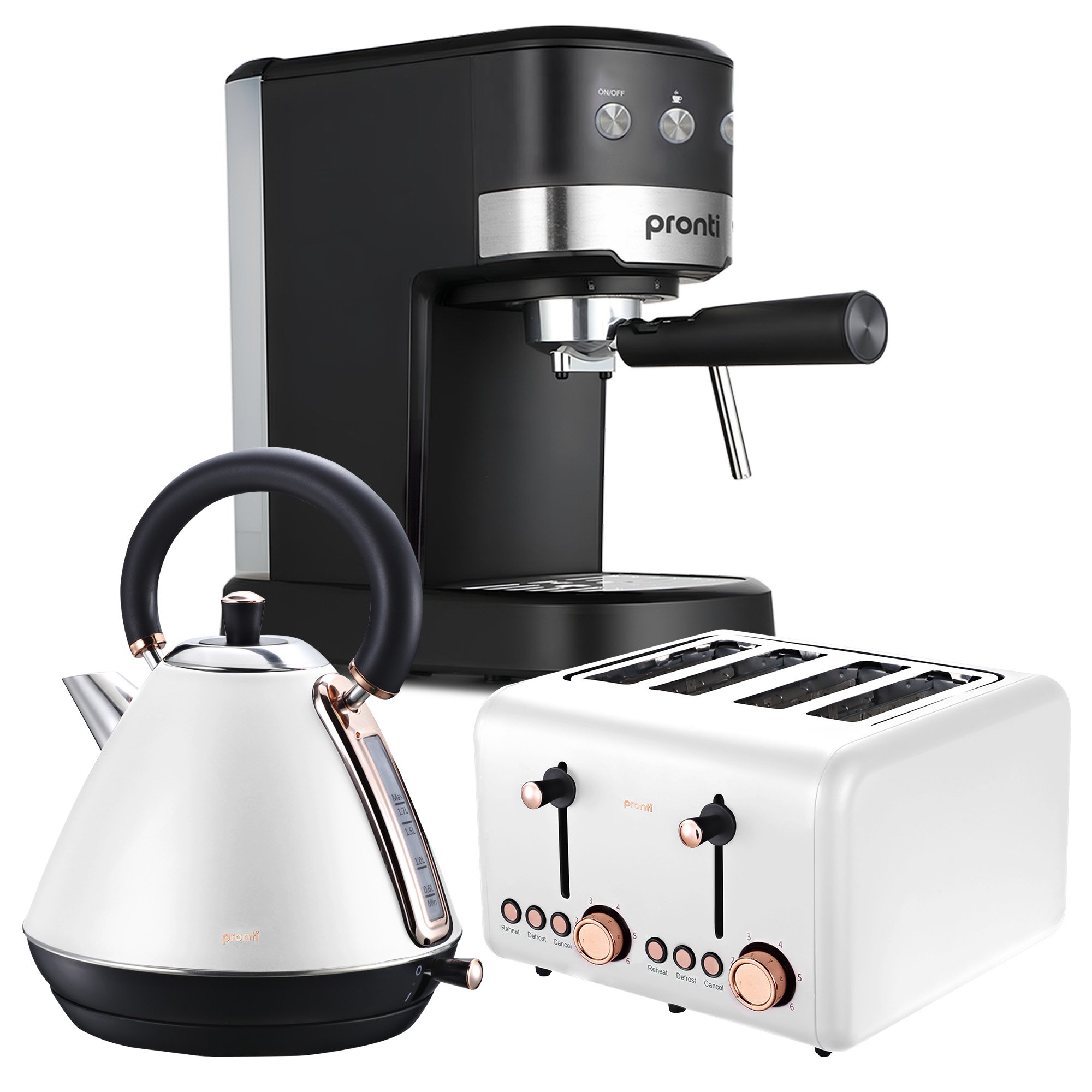 Pronti Breakfast Set with Rose Gold Kettle, Toaster & Espresso Machine - White