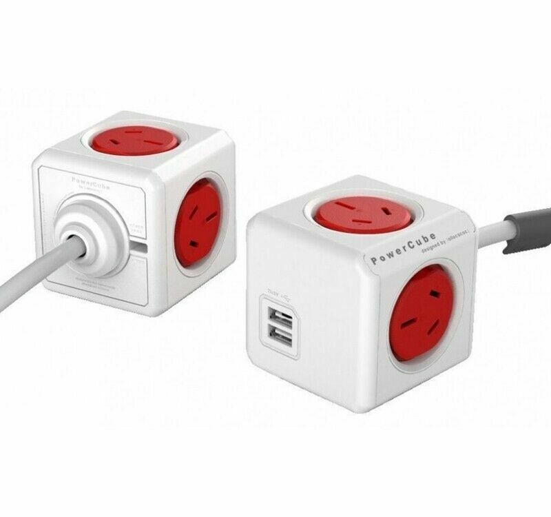 Allocacoc Powercube Extended 4 Outlets with 2 USB - 3m (Red)