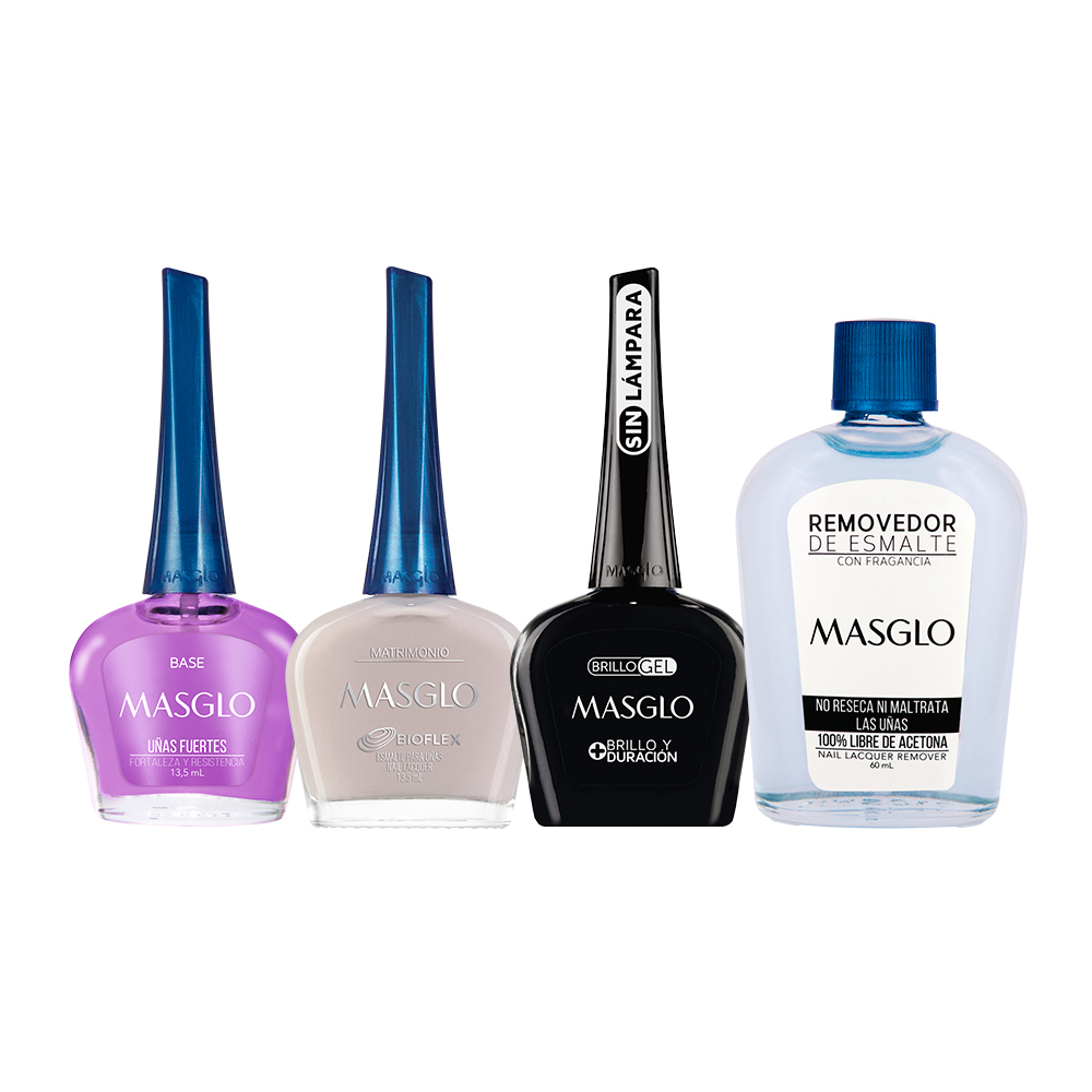 BASE UÑAS FUERTES + MATRIMONIO + BRILLO GEL TOP MASGLO  + REMOVEDOR CON FRAGANCIA