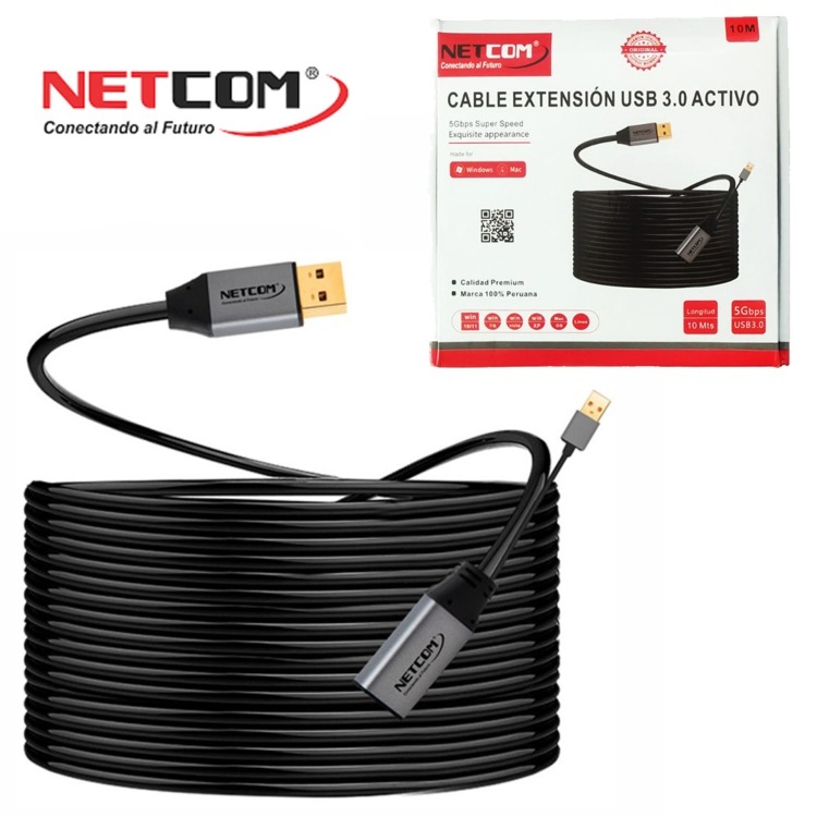 CABLE EXTENSIÓN USB 3.0 ACTIVO NETCOM MACHO A HEMBRA 10 METROS SANTOFA ELECTRONICS