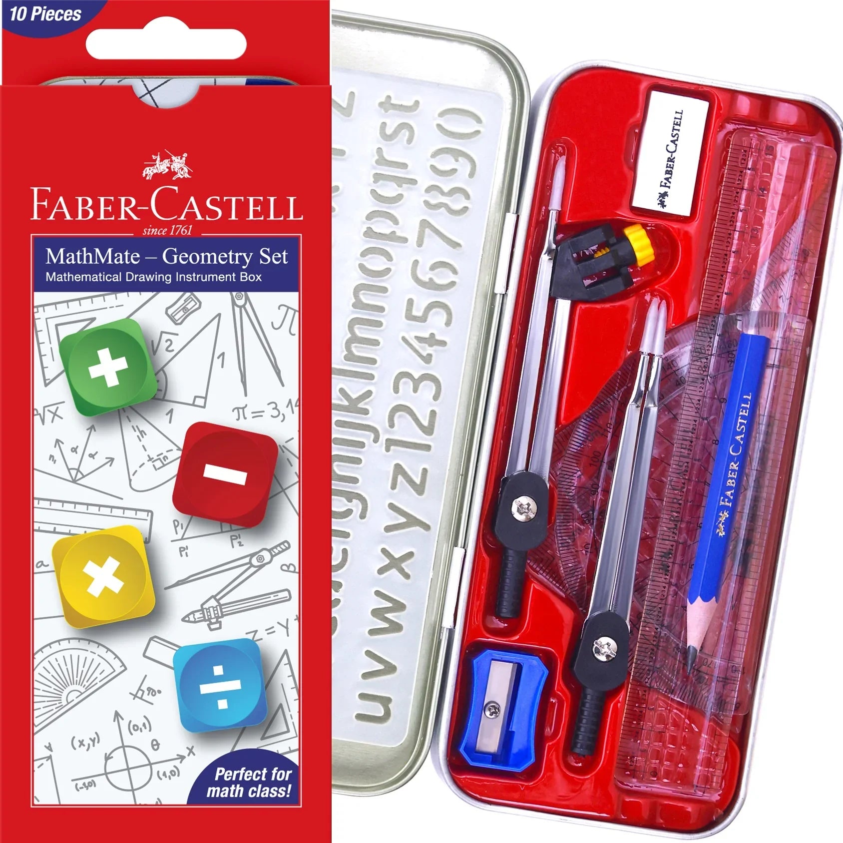 Faber-Castell MathMate Geometry Set Compass Ruler Protractor Stencil Tin Box