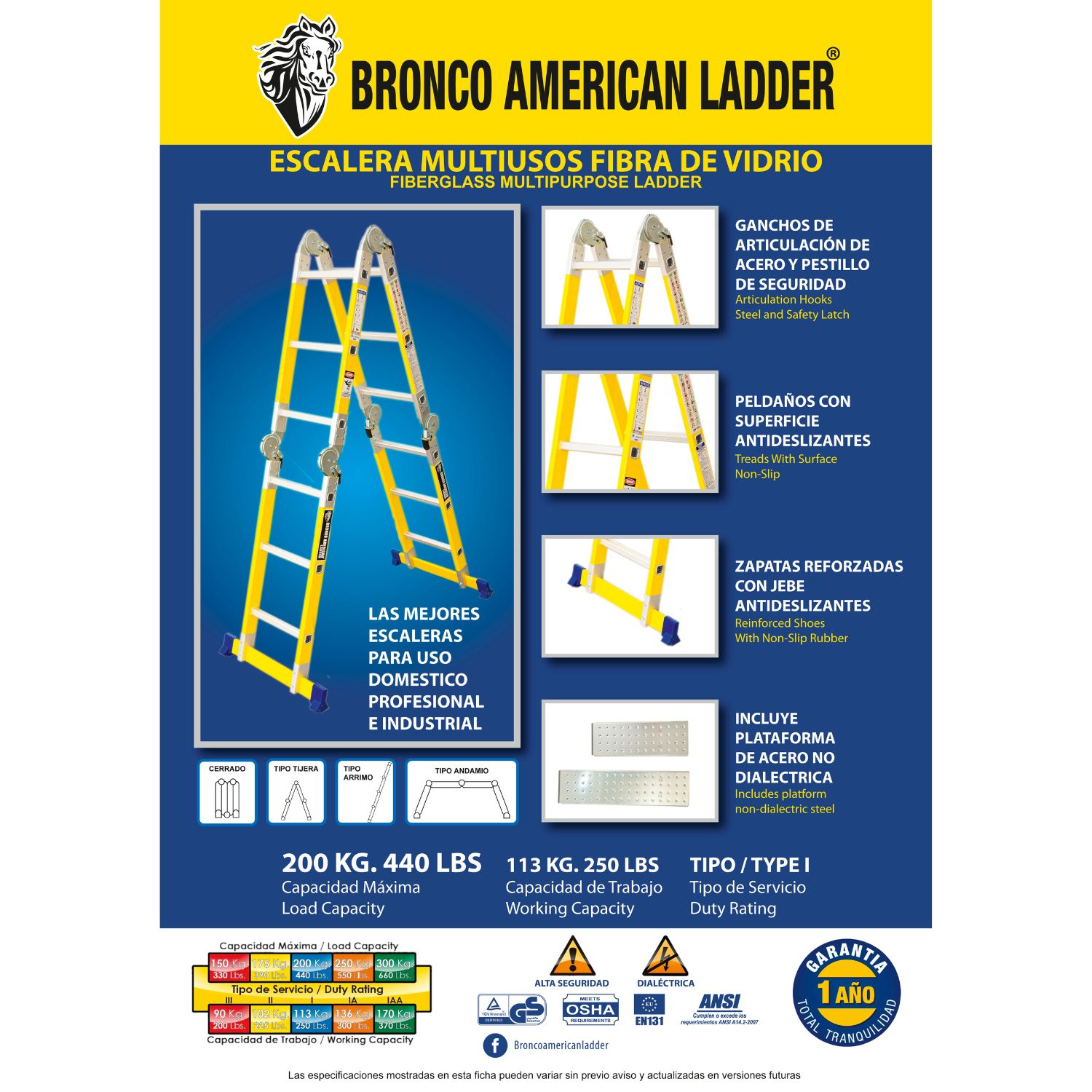 ESCALERA MULTIPOSICIÓN DE FIBRA DE VIDRIO DE 12 PASOS 4X4 - BRONCO AMERICAN LADDER
