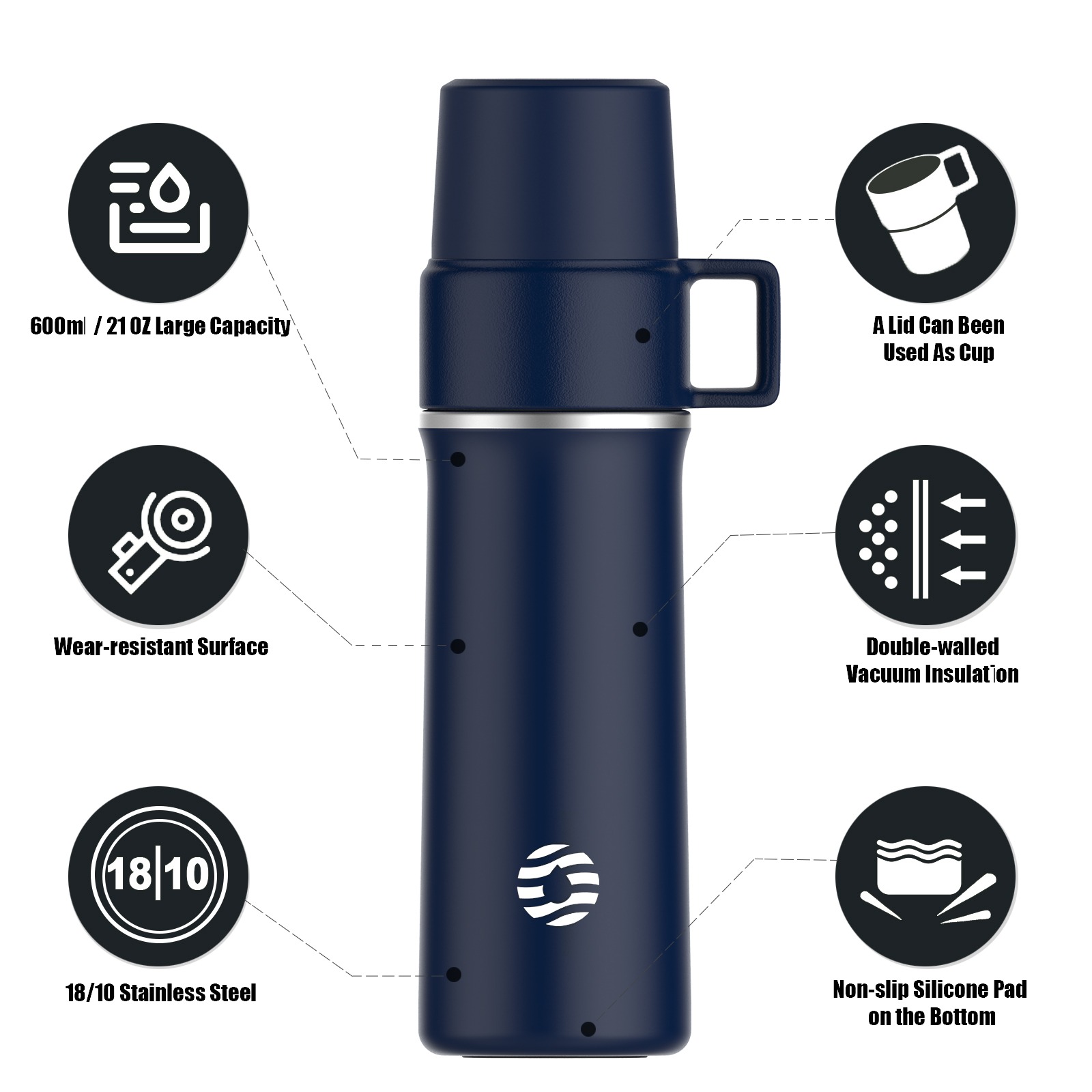 FJBOTTLE - TERMO CON AISLAMIENTO Y TAPA LIBRE DE BPA EN FORMA DE TAZA 600ML - AZUL