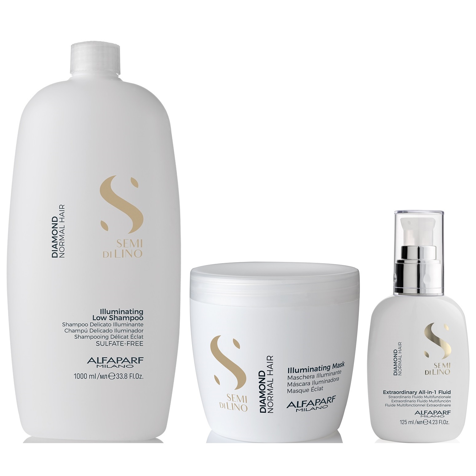 SHAMPOO ILUMINADOR SIN SAL 1000ML + MASCARILLA+ CREMA ALFAPARF DIAMOND