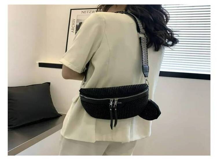 CARTERA CANGURO RIÑONERA ELEGANTE CUERO PU PIEDRAS NEGRAS