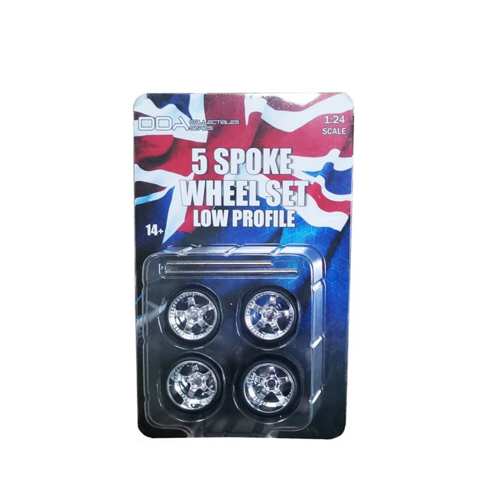 DDA 1:24 4 x Low Profile Chrome 5 Spoke Wheels w/Tyres & Axles For Slammed Model