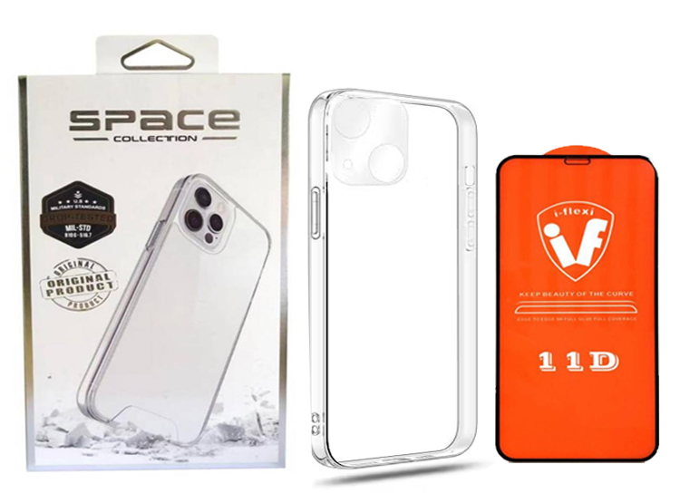 FUNDA CASE SPACE PARA IPHONE 15 PLUS C/PROTECTOR DE CÁMARA CLEAR + MICA DE VIDRIO 11D COMPLETO