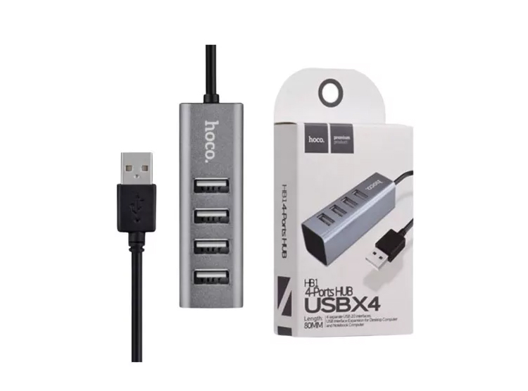 CONVERTIDOR HUB USB 2.0 ALUMINIO 4 PUERTOS HOCO HB1 GRIS