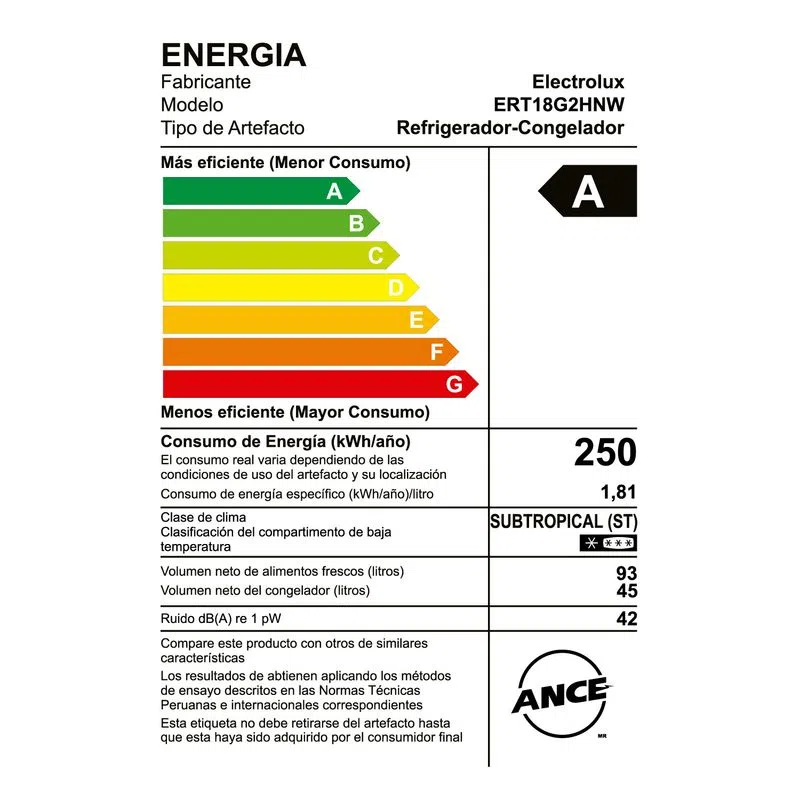 REFRIGERADORA TOP MOUNT FROST ELECTROLUX ERT18G2HNW 138 LT BLANCO