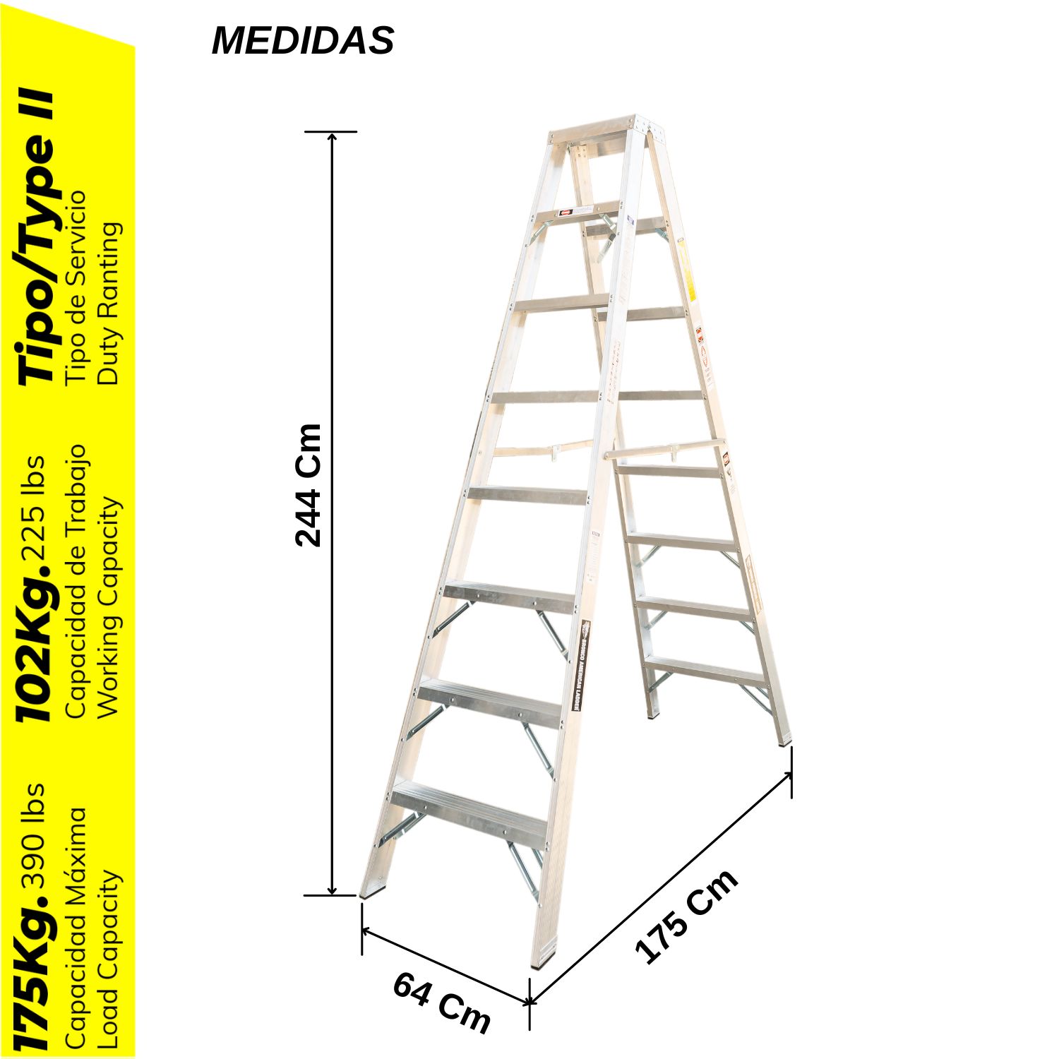 ESCALERA ALUMINIO STANDARD TIJERA DOBLE ASCENSO DE 8 PASOS CAPACIDAD DE CARGAR 175 KG - BRONCO AMERICAN