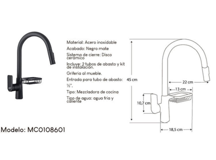 MEZCLADORA PARA COCINA NEGRO 0108601 ACERO INOXIDABLE