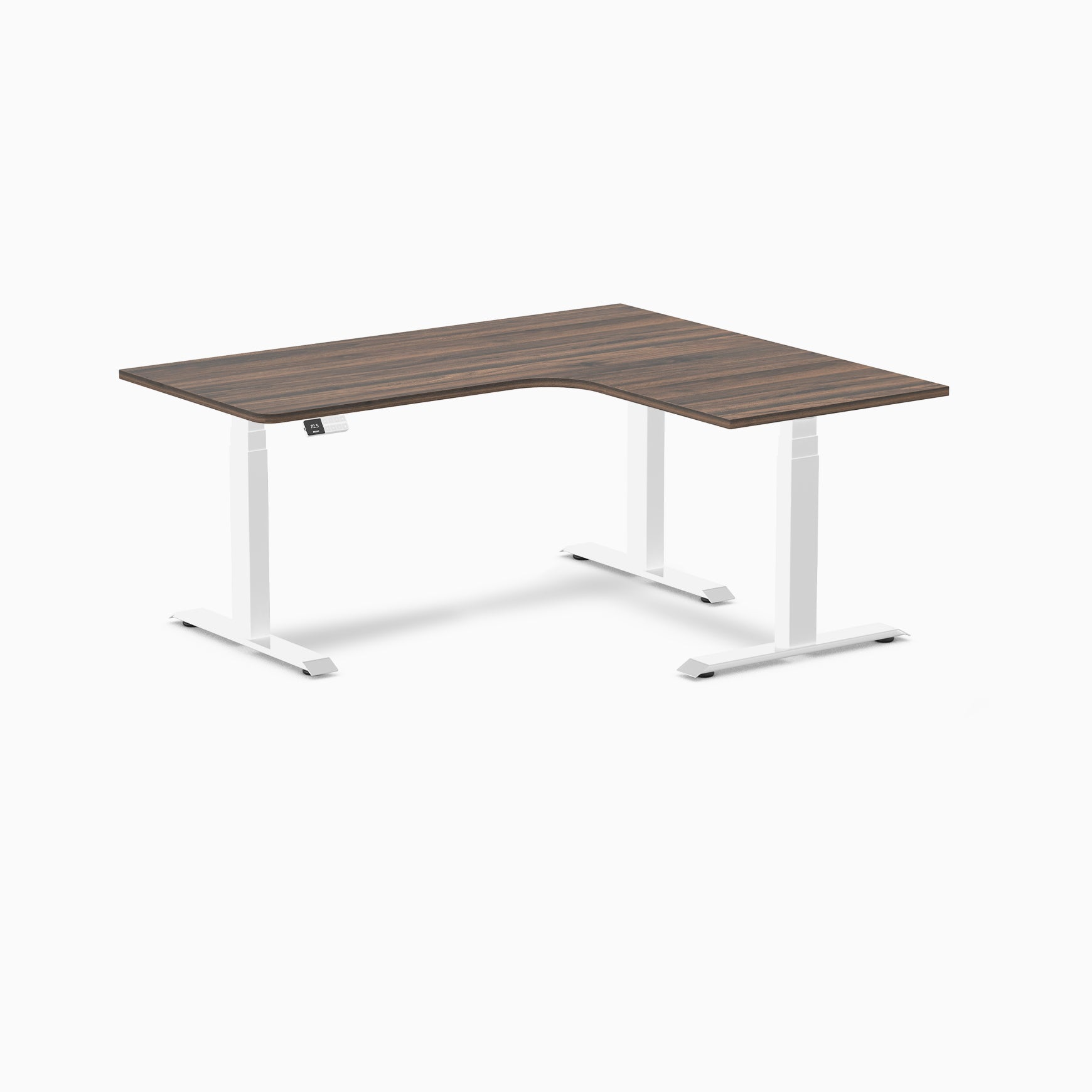 Desky L-Shape Melamine Sit Stand Desk 160cm - Left Return Jarrah Legno Top and White Leg