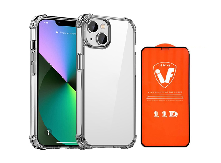 FUNDA CASE PARA IPHONE 15 IPAKY CRYSTAL CLEAR + MICA DE VIDRIO COMPLETO