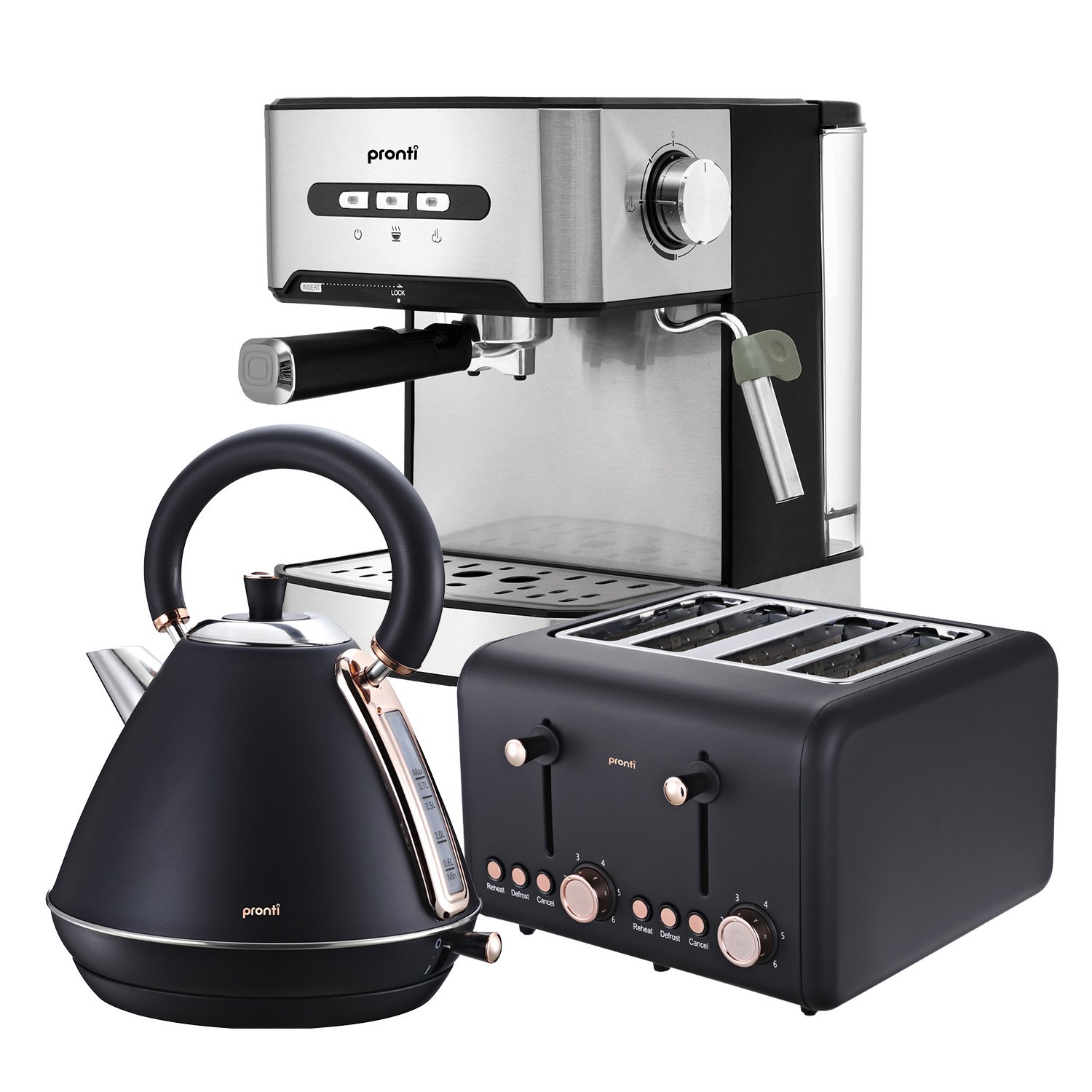 Pronti Toaster, Kettle & Coffee Machine Stainless Steel Breakfast Set (Black)