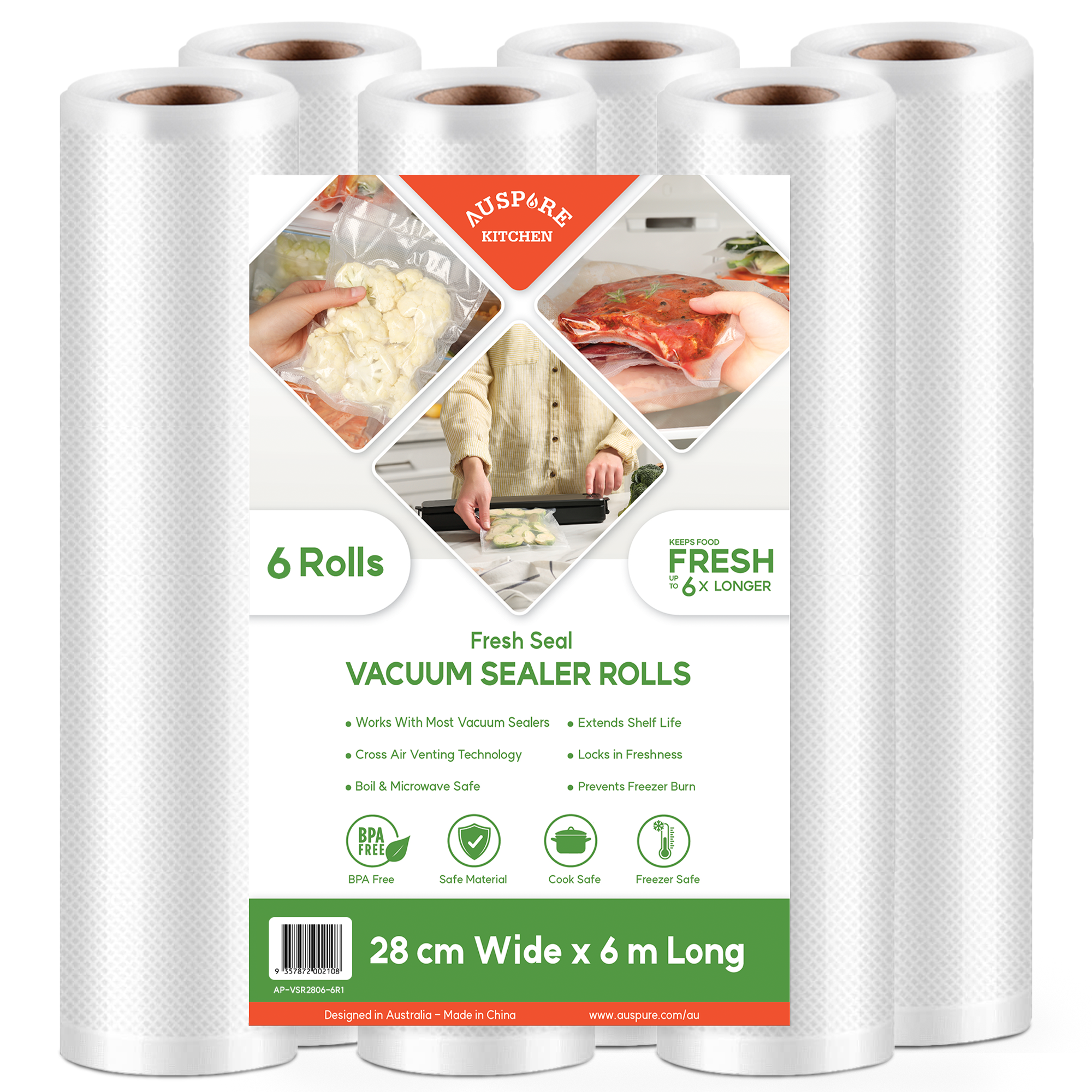 AUSPURE Vacuum Sealer Bags, 28cm x 6m for Food Storage 6 Rolls