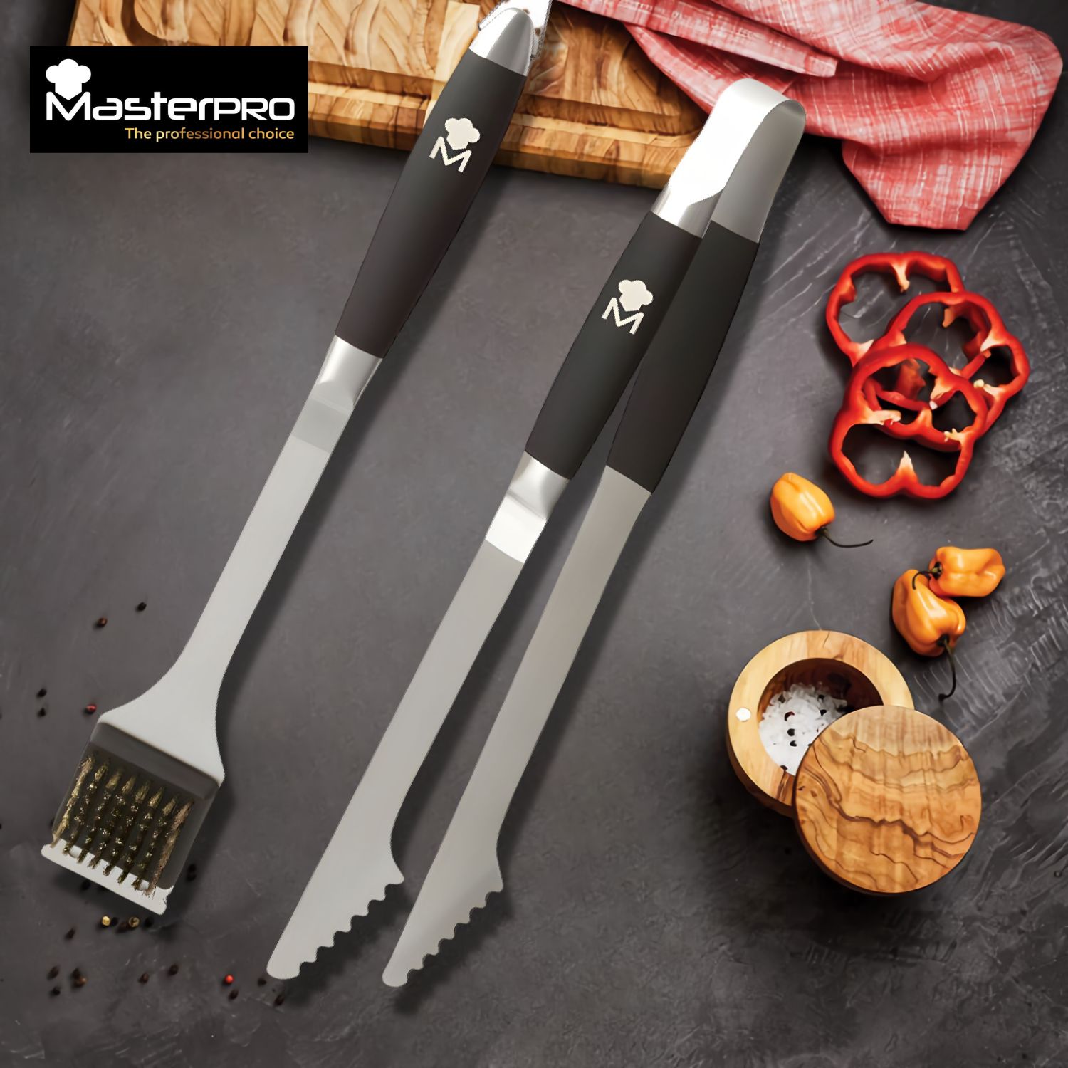 JUEGO DE 2 UTENSILIOS PINZA Y CEPILLO PARA PARRILLA MASTERPRO FOODIES COLLECTION, ACERO INOXIDABLE, MANGO SOFT TOUCH C/NE