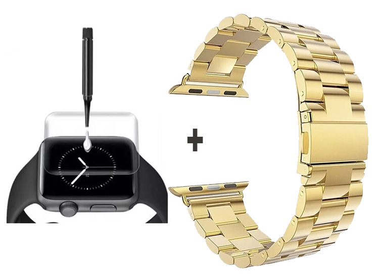 CORREA METALICA ESLABON PARA APPLE WATCH 45MM DORADO + MICA UV COMPLETA