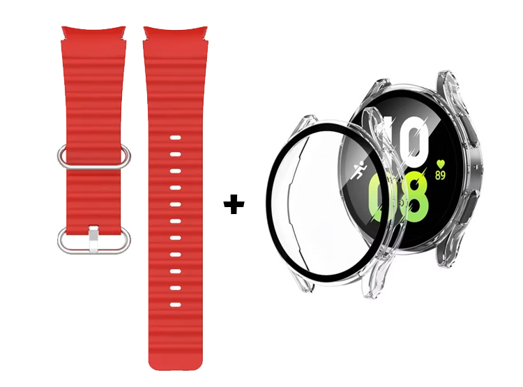 CORREA SILICONA OCEAN ROJO + BUMPER CLEAR PARA SAMSUNG WATCH 4 44MM