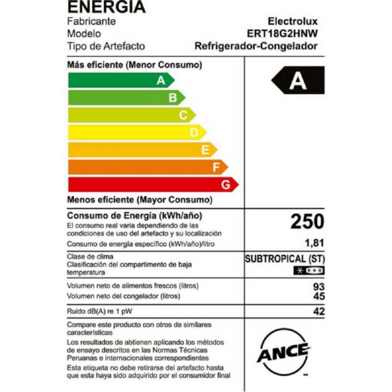 REFRIGERADORA ELECTROLUX 138L FROST 2 PUERTAS BLANCO ERT18G2HNW