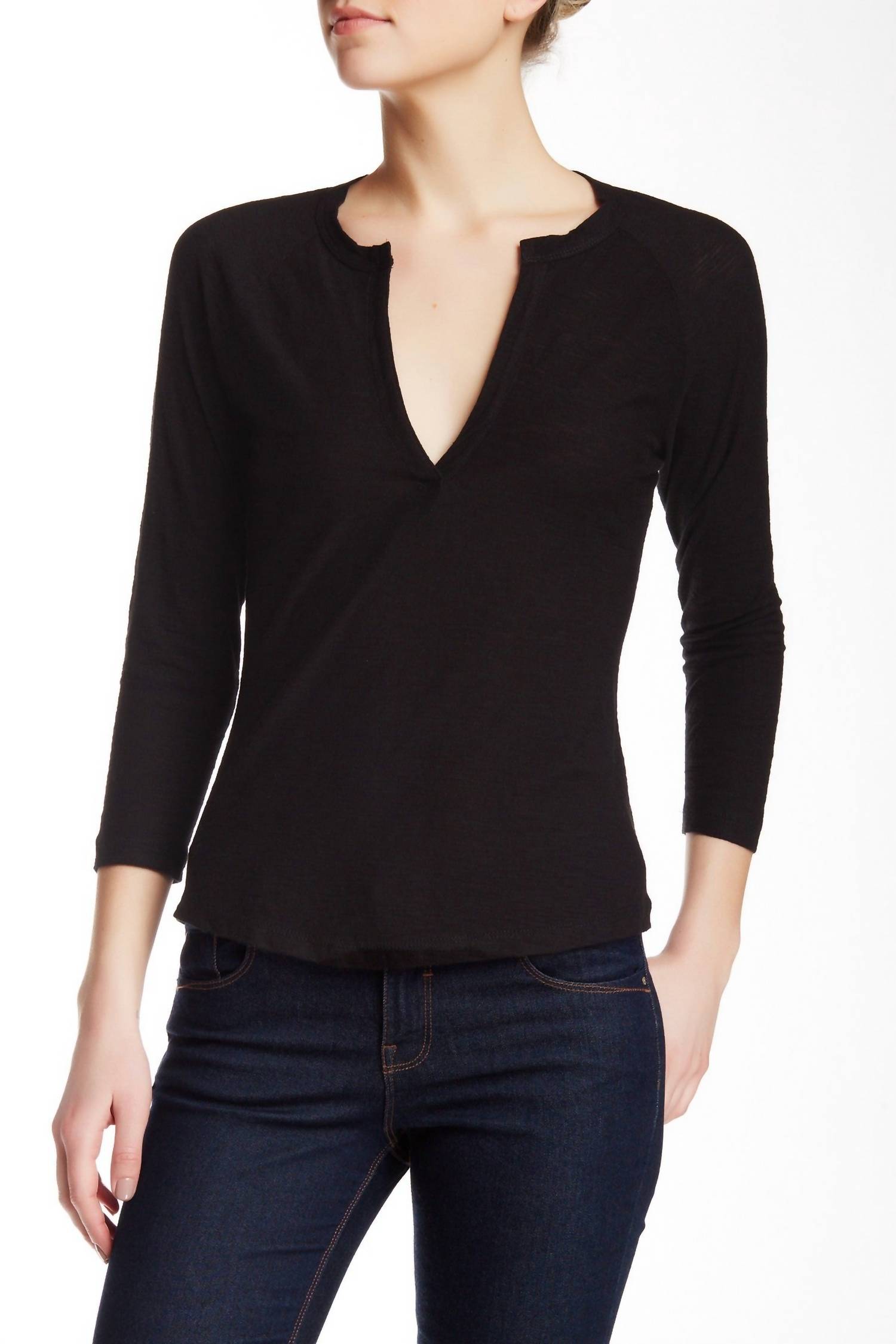 James Perse Women Split Neck Raglan Sleeve T-Shirt In Black