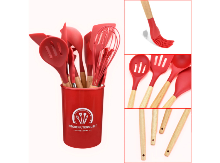 SET DE UTENSILIOS PARA COCINAS DE SILICONA MULTIFUNCIONAL POR 12 PZAS COLOR ROJO