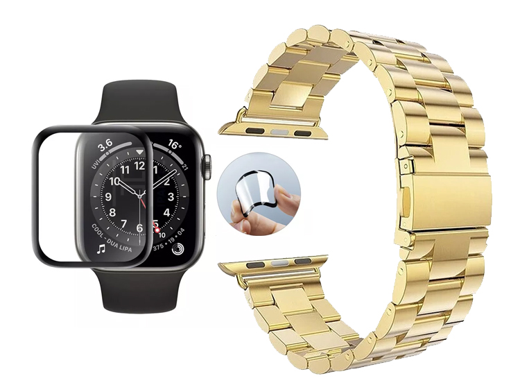 CORREA METALICA ESLABON PARA APPLE WATCH 41MM DORADO + MICA CERAMICA COMPLETA