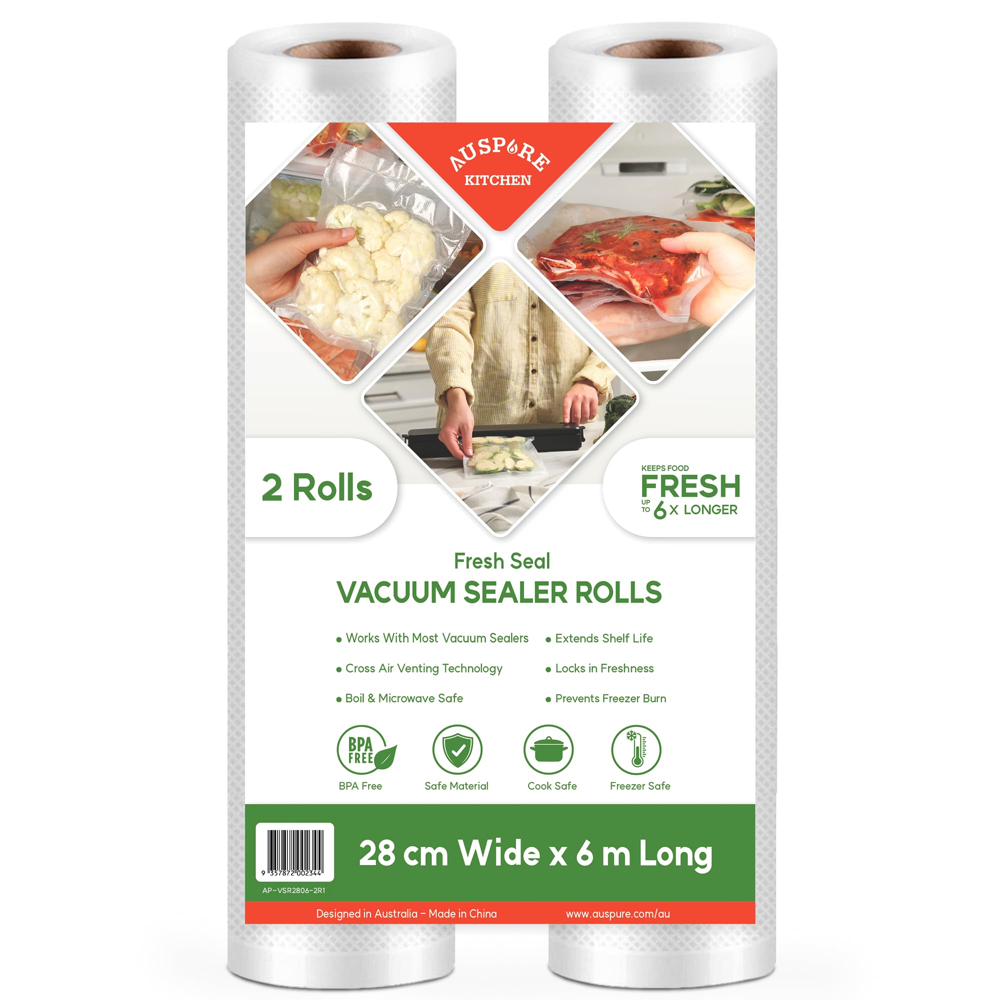 AUSPURE Vacuum Sealer Bags, 28cm x 6m for Food Storage 2 Rolls