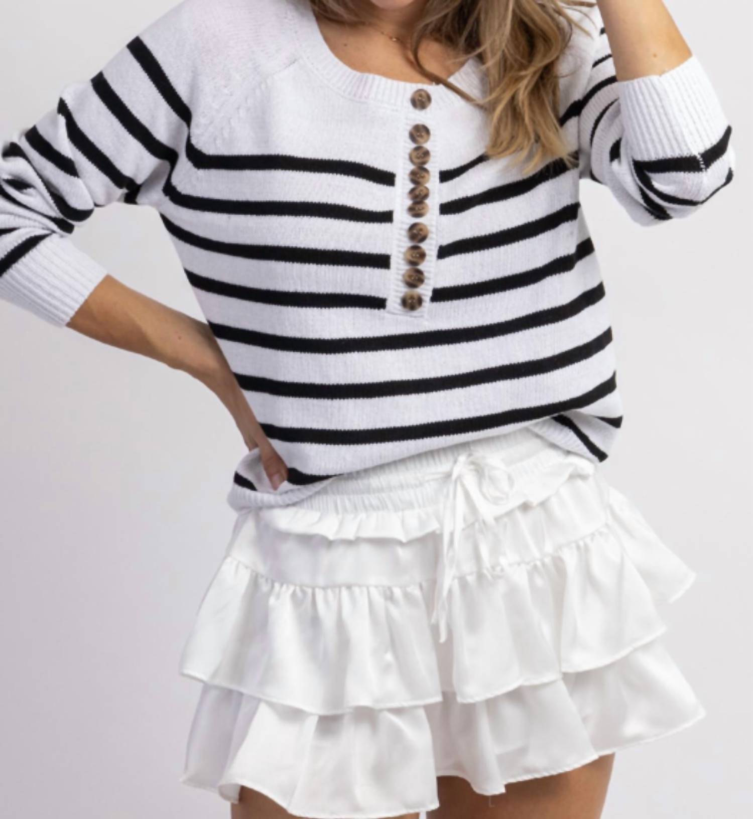 Annva Fashion Sadler Striped Button Knit In White