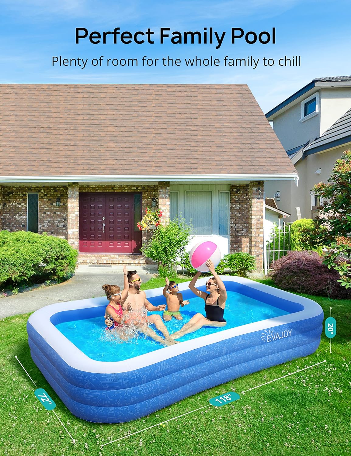 EVAJOY - PISCINA INFLABLE DE 118 X 72 X 20 ', PISCINA SOBRE EL SUELO, PARA NIÑOS DE GRAN TAMAÑO, PISCINAS INFLABLES GRUESAS