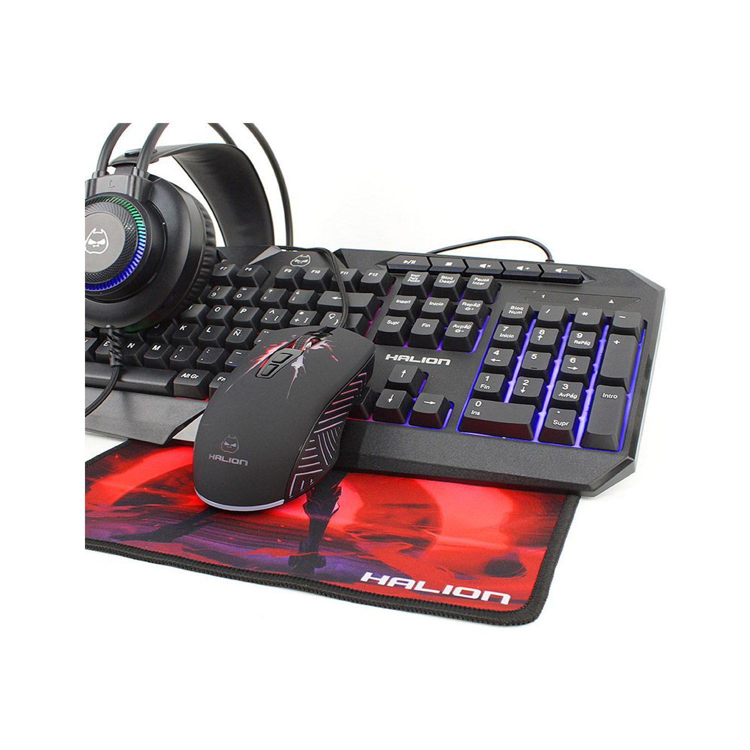 KIT GAMER HALION HA-875C MACK 4 EN 1 TECLADO CON LUCES MOUSE 7COLORES