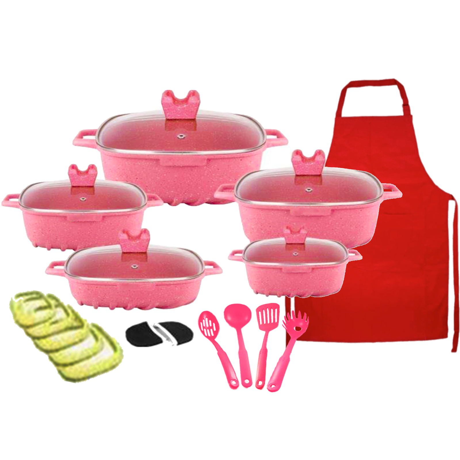 SET DE OLLAS CUADRADAS DINOS GRANITO ANTIADHERENTE ROSADO