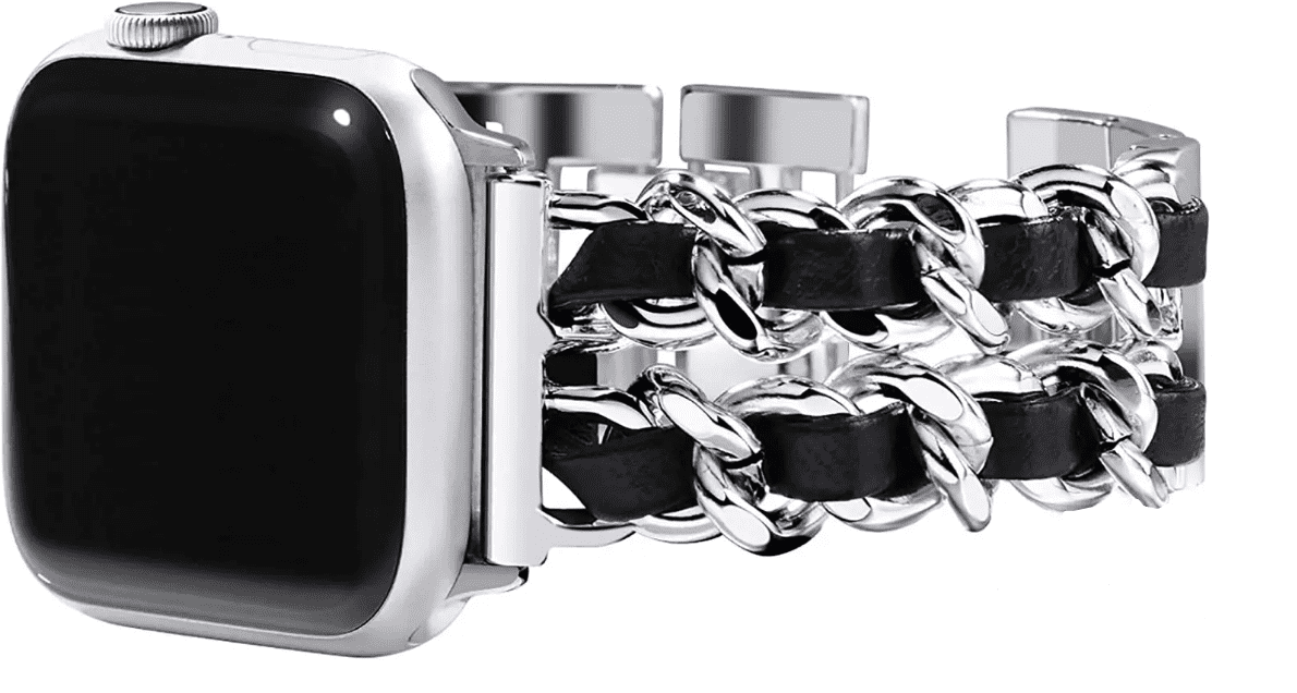 CORREAS ESLABON METAL CON CUERO PARA APPLE WATCH 38 MM PLATA/ NEGRO