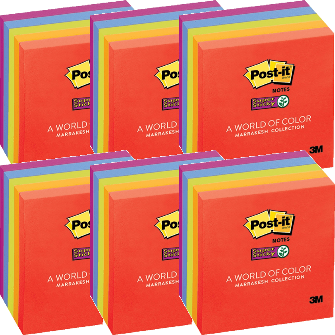Post-It Pack 6 Super Sticky Notes 76x76mm Marrakesh Colours 5 Pads