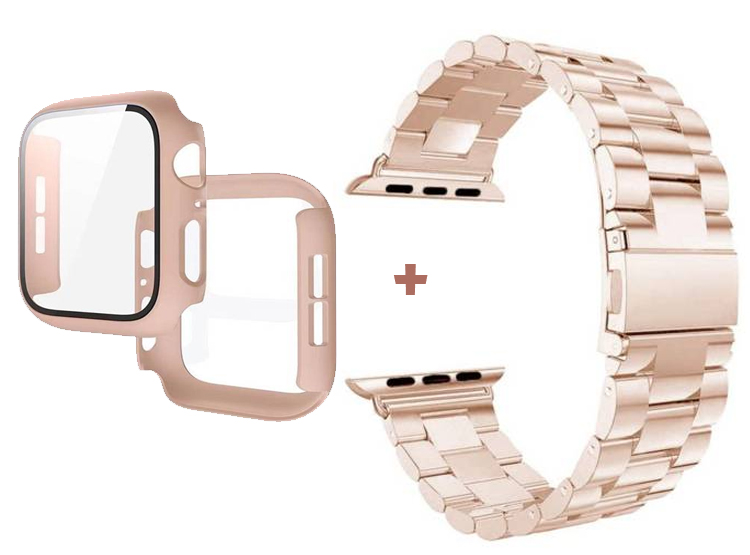 CORREA METALICA ESLABON PARA APPLE WATCH 41MM + BUMPER CON VIDRIO - ROSA GOLD