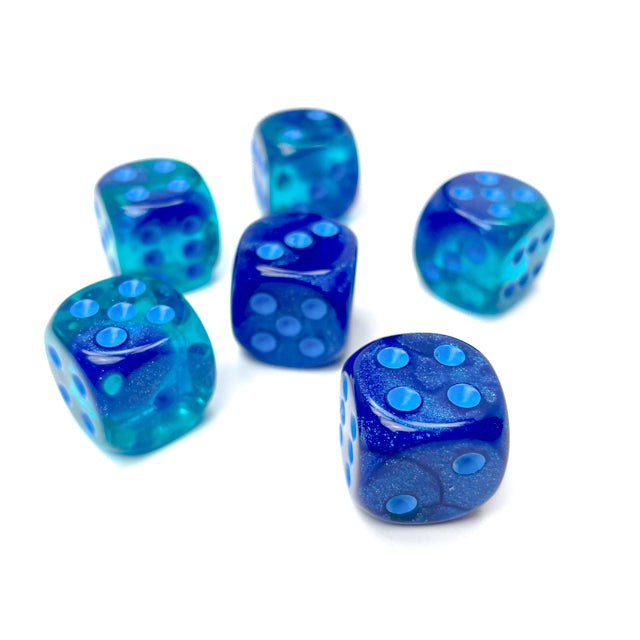 Chessex Gemini 16mm D6 Dice Block (Blue-Blue/Light Blue Luminary, 12 Dice)