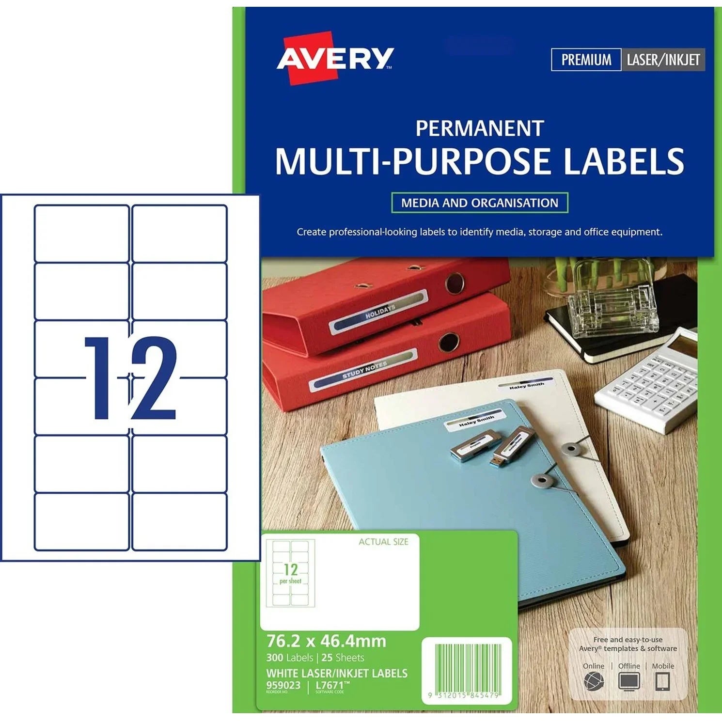 Avery 959023 L7671 Video Face Labels 12/Page Laser White Pack 300