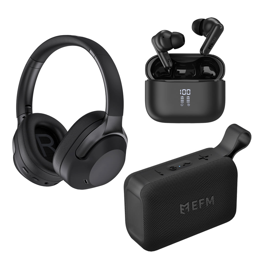 EFM Essential Audio Bundle Trio with Bluetooth Speaker, Headphones and TWS Earbuds (Black)