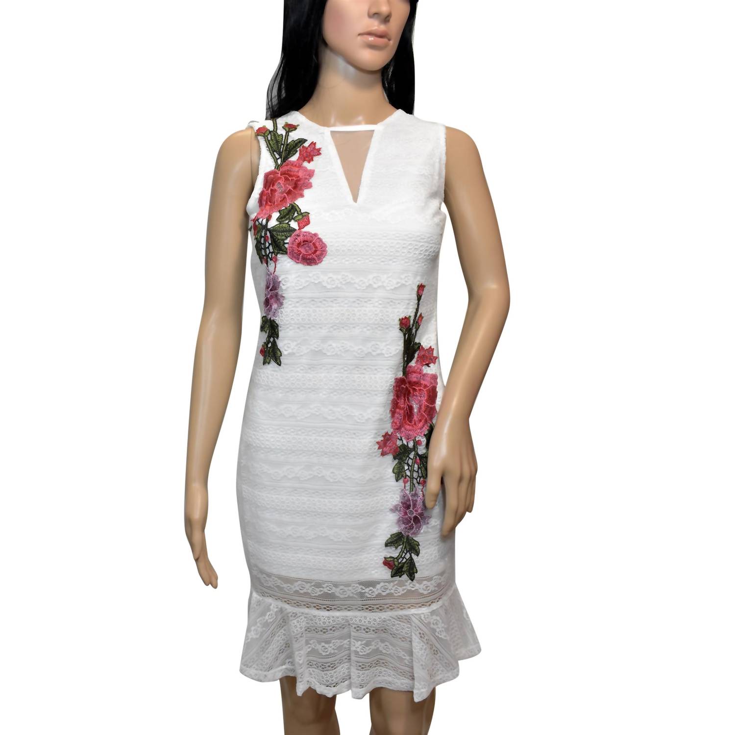 Bebe Floral Embroidered Sleeveless Lace Dress In White