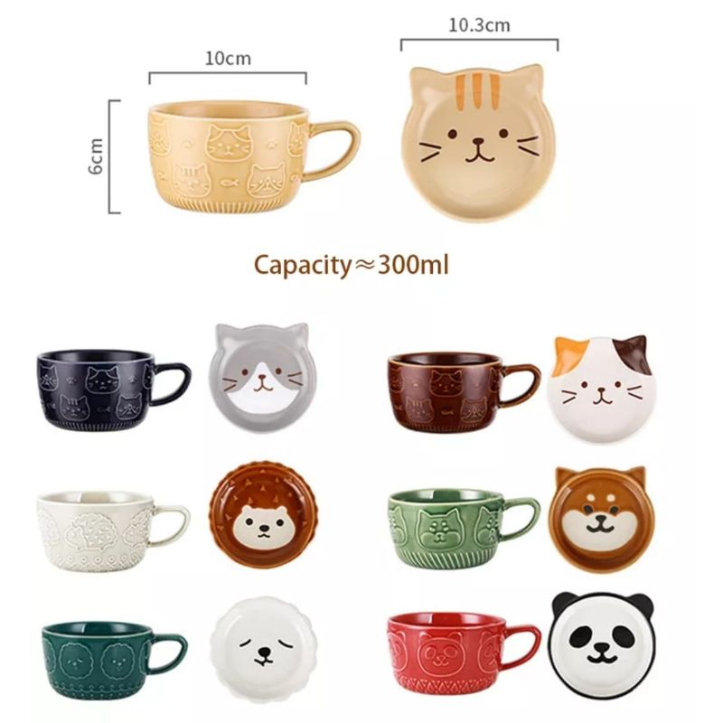 TAZA DE JUEGO CON PLATO DISEÑO DE ANIMALES KAWAI COLECCIONABLES GATO BEIGE