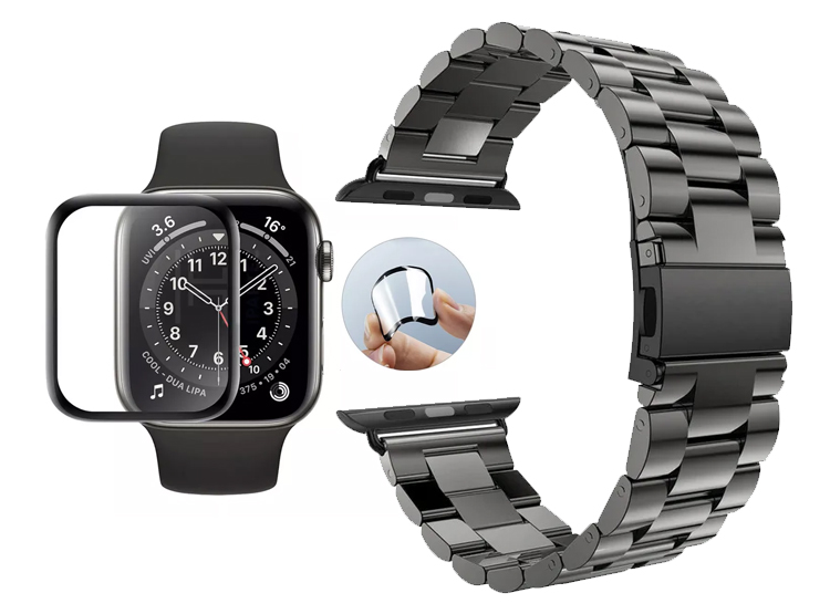 CORREA METALICA ESLABON PARA APPLE WATCH 42MM NEGRO + MICA CERAMICA COMPLETA