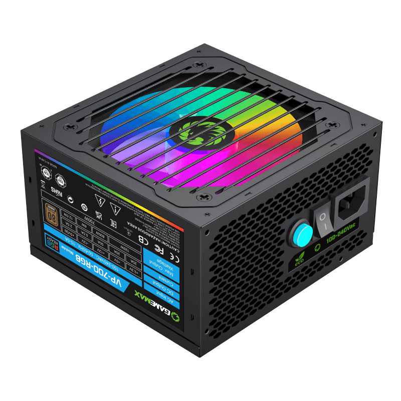 GameMax VP-700-RGB-M 700W Semi-Modular Power Supply - 80 Plus Efficiency, 120mm RGB Fan, Stealth Black Cables, Active PFC, Gaming PSU, Black