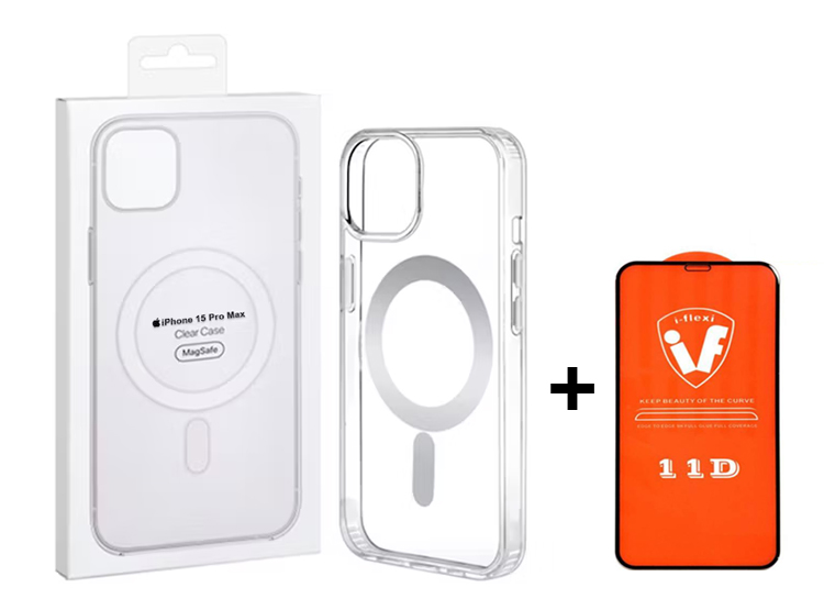 FUNDA CLEAR CASE CON MAGSAFE PARA IPHONE 15 PRO MAX TRANSPARENTE + MICA DE VIDRIO 11D COMPLETO