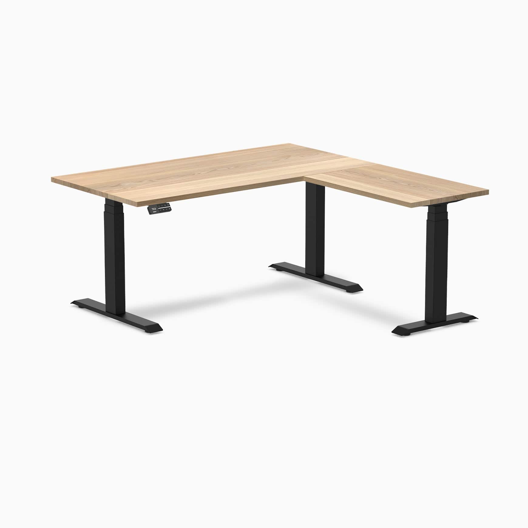 Desky Hardwood L-Shape Sit Stand Desk 150 x 155 cm White Ash Top and Matte Black Leg