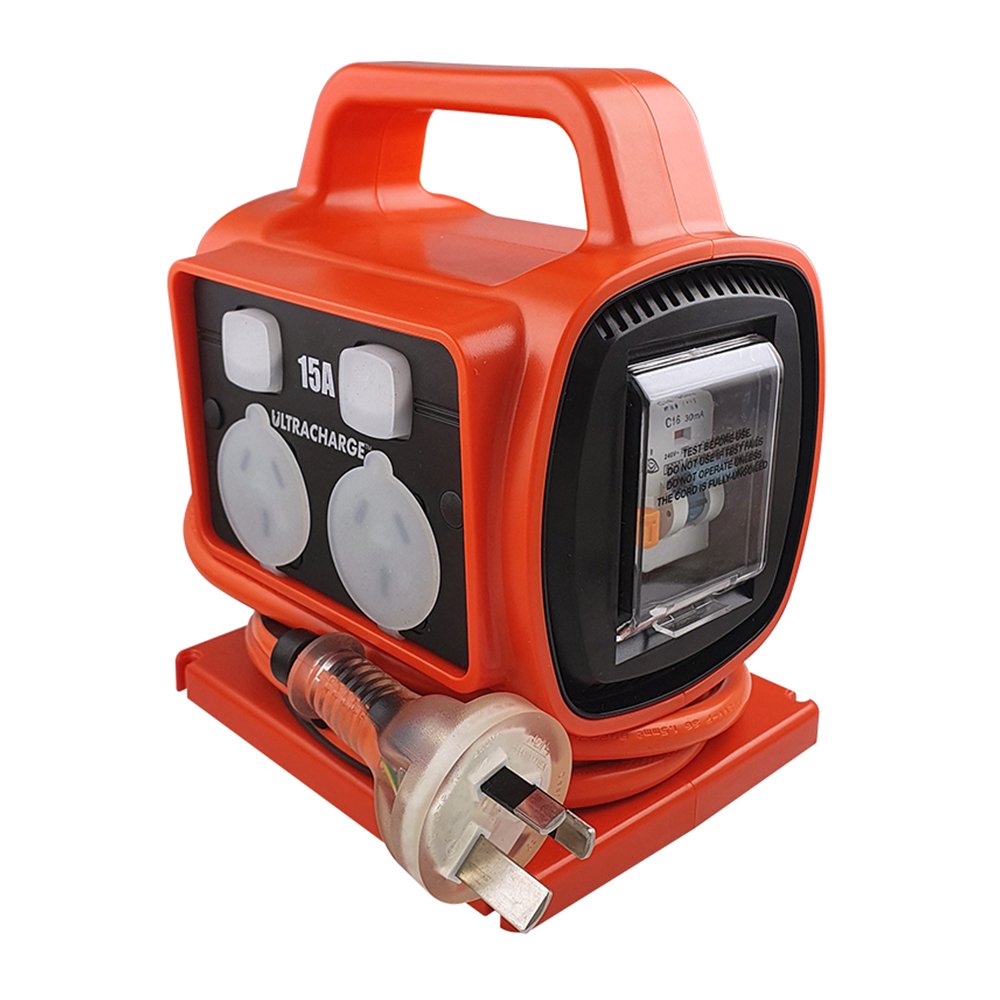 Ultracharge 15A 4-Way Outlet RCD Safety Power Block with 15A Plug (Red)