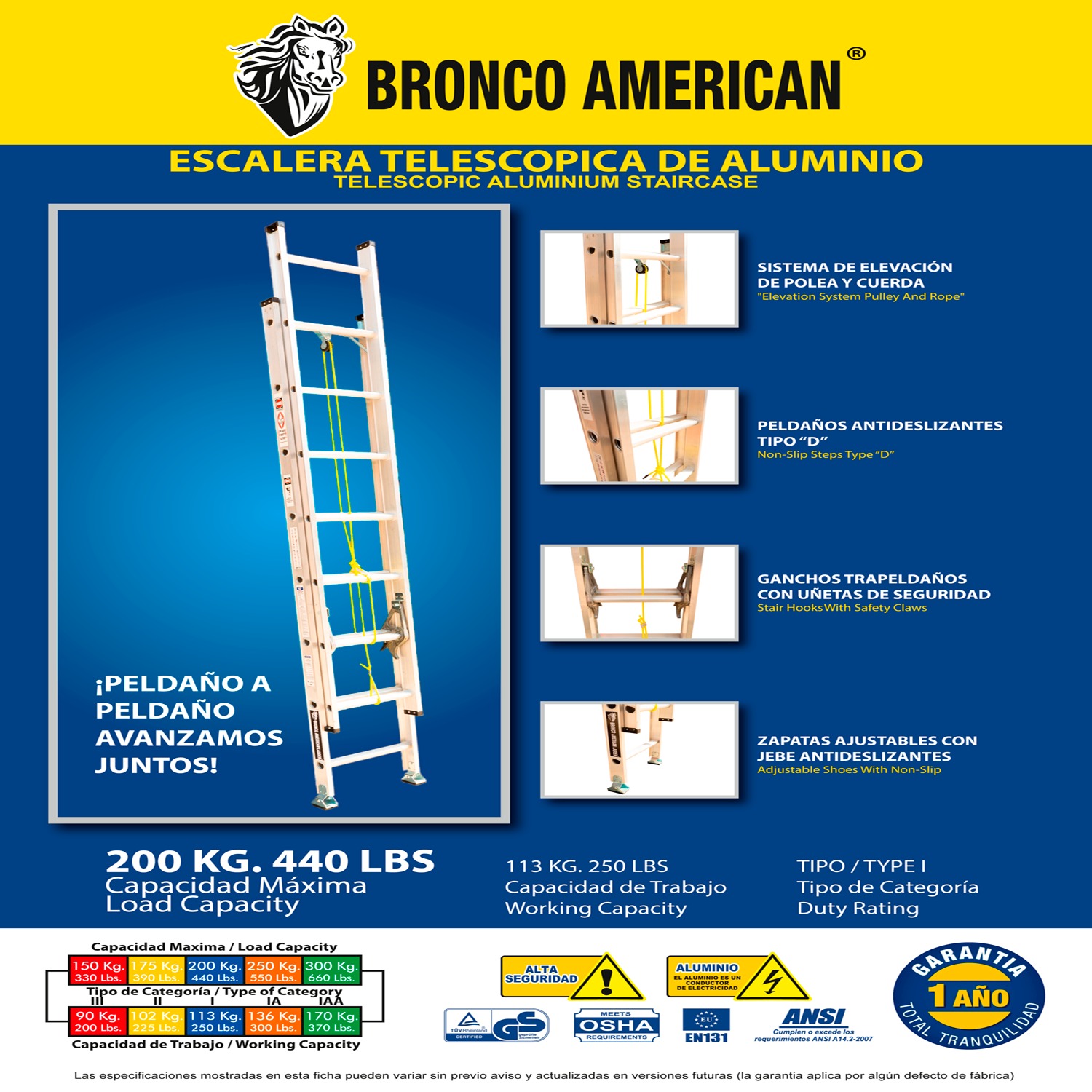 ESCALERA ALUMINIO PROFESIONAL TELESCOPICA DE 20 PASOS CAPACIDAD DE CARGA 200 KG - BRONCO AMERICAN