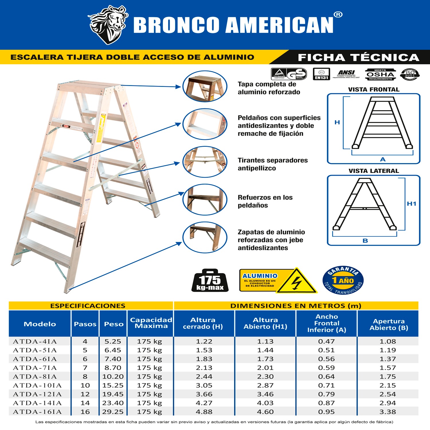 ESCALERA ALUMINIO STANDARD TIJERA DOBLE ASCENSO DE 8 PASOS CAPACIDAD DE CARGAR 175 KG - BRONCO AMERICAN