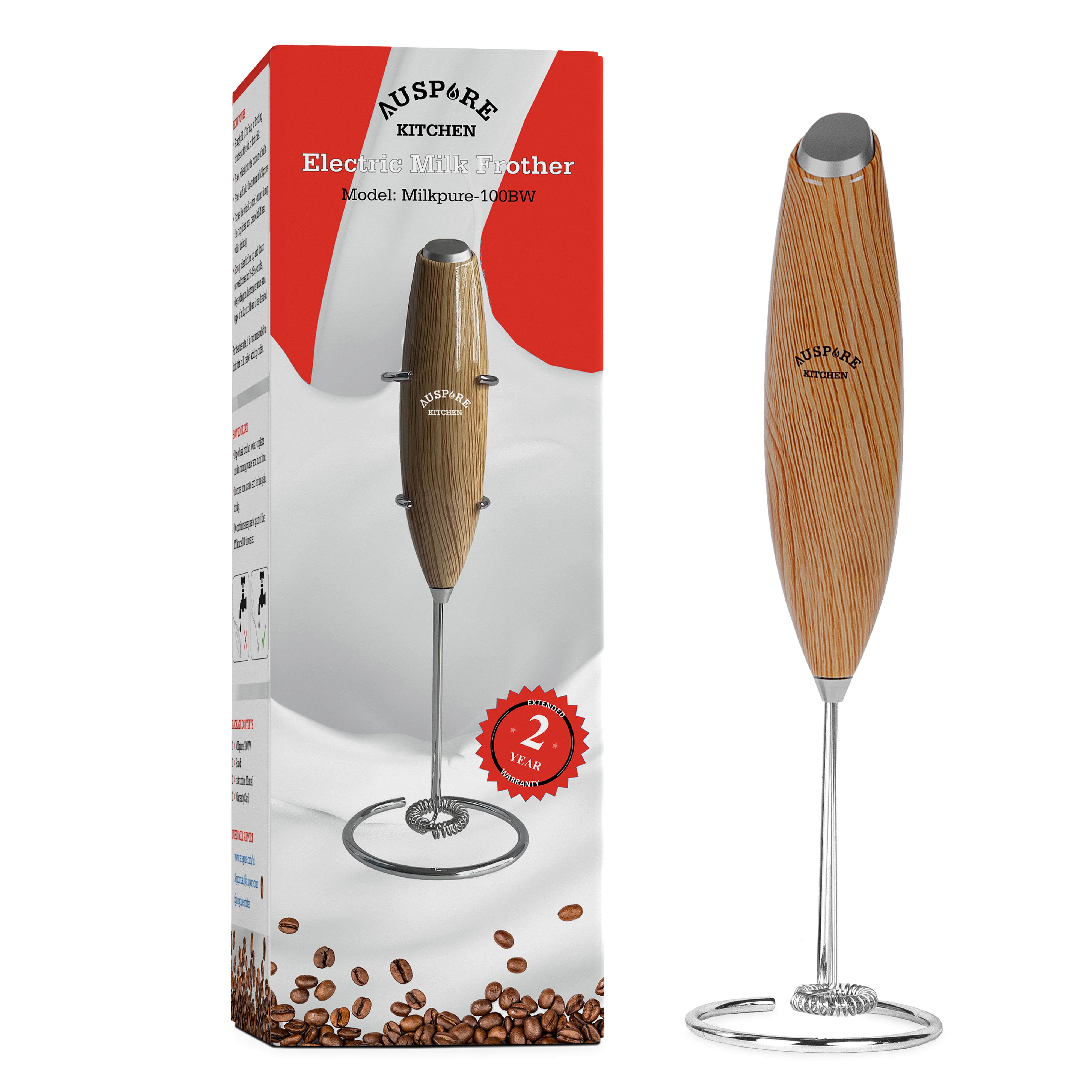 AUSPURE Milk Frother Handheld, Electric Whisk (Brown Wood)